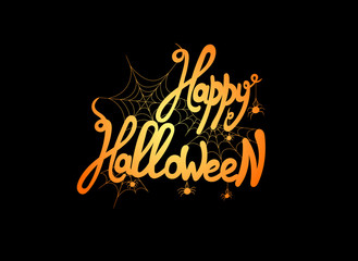 Vector Happy Halloween Colorful Lettering, Bright Orange Color, Handwritten Greeting Card with a Spider Webs.