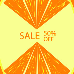 discount on oranges. Seasonal sale. Abstract background with cut orange. Fruit background. Promo badge for your seasonal design. Vector illustration