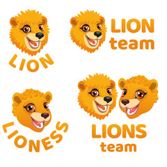 Four types of cartoon logos with lion and lioness head and text