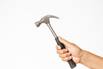 male hand holding a hammer isolated on a white background