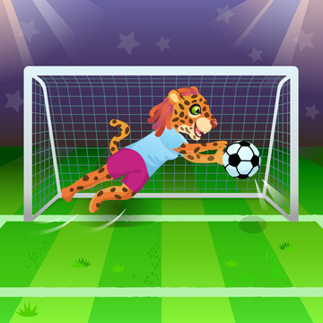 The jaguar girl as a goalkeeper catching the soccer ball near gates on the field