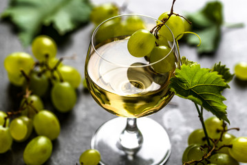 Glass of wine and white grapes freshly harvested in winery