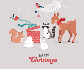 Cute forest animals, winter and Christmas scene with deer, bunny, raccoon, bear and squirrel. Perfect for banner, greeting card, apparel and label design. Vector illustration