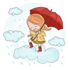 CLOUD GIRL Season Autumn Fall Umbrella Cartoon Vector Illustration Set for Print Design and Decoration
