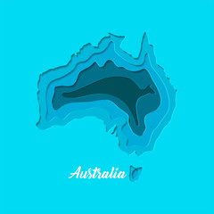 Australia map paper cut illustration with multi layer with kangaroo for travel poster, banner, greeting card template 