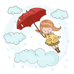 FLYING GIRL Season Autumn Fall Umbrella Cartoon Vector Illustration Set for Print Design and Decoration