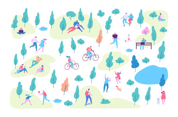 Various people at spring or summer park. Vector background. Leisure outdoor activities - riding bicycles, walking dog, reading, picnic. Cartoon style flat vector illustration.