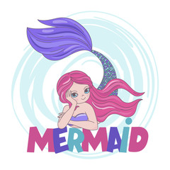 MERMAID LETTERS Resting Sea Cartoon Underwater Ocean Cruise Travel Tropical Vector Illustration Set for Print Fabric and Decoration