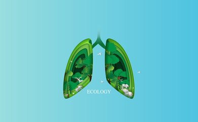 Lung ecology concept idea. Environment health medical human background.Creative design paper cut and craft style with forest and animal.Eco forest oxygen template.minimal pastel.vector illustration