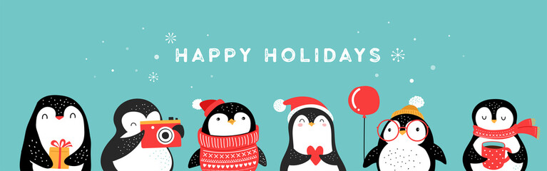 Cute hand drawn penguins collection, Merry Christmas greetings. Vector illustration