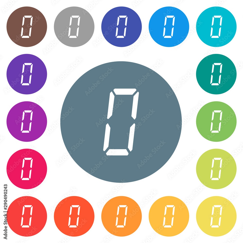 Aufkleber digital number zero of seven segment type flat white icons on round color backgrounds