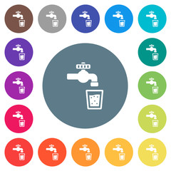 Drinking water flat white icons on round color backgrounds