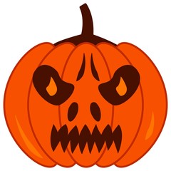 Autumn orange pumpkin Jack with sinister smile, luminous eyes. Happy Halloween. Holiday illustration vector flat isolated