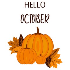 Autumn pumpkins of different sizes with autumn leaves and inscription hello October. Concept holiday illustration. Halloween vector