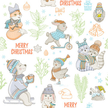 Christmas cute animals seamless pattern. Doodle bear rabbit raccoon owl fox mole. Hand drawn sketch background. Xmas isolated vector illustration. Wrapping paper, child packaging, kid fabric print