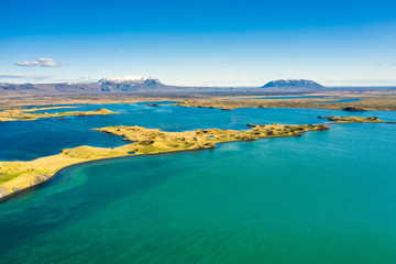 Fototapeta na wymiar volcanic craters in Iceland aerial view from above, Myvatn lake