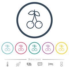 Pair of cherry flat color icons in round outlines