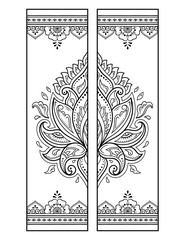 Printable bookmark  - coloring. Set of black and white labels with lotus flower patterns, hand draw in mehndi style. Sketch of ornaments for creativity of children and adults with colored pencils.