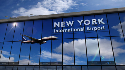 Airplane landing at New York, JFK, Kennedy mirrored in terminal - obrazy, fototapety, plakaty