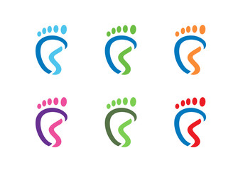 Human foot print logo set, foot medical care symbol, podiatry vector icon