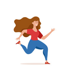Running girl vector illustration in cute colorful cartoon flat style.