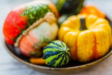 Autumn decorative pumpkins in the vintage bowl.
