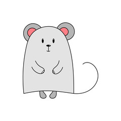 Hand-drawn cheerful gray little mouse isolated on white background. Illustration for children