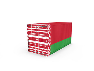 3D Illustration of Cargo Container with Belorussia Flag on white background with shadows. Delivery, transportation, shipping freight transportation.