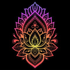 Colorful floral pattern for Mehndi and Henna drawing. Hand-draw lotus symbol. Decoration in ethnic oriental, Indian style. Rainbow design on black background.