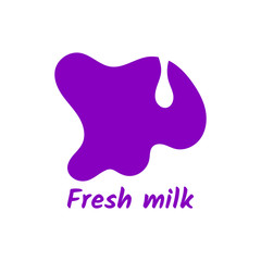 Fresh milk text and violet cow spot with milk drop. Rough doodle style vector illustration applicable for logo and package design.