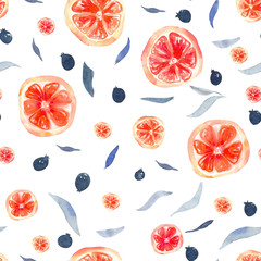 Seamless pattern with grapefruite slices and berries and leaves on a white background