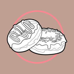 Hand-drawn black and white illustration of donuts with glaze on a beige background with thick outline