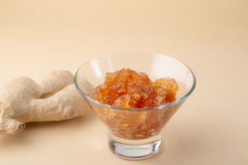 Fototapeta na wymiar Ginger fruit jam in glass, food close-up