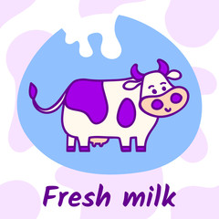 Standing spotted cute cow in blue and violet pastel colors in line cartoon style with 