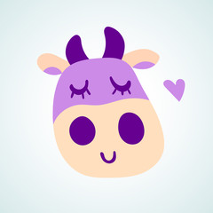 Vector illustration, flat cartoon smiling violet cow face. Hand drawn. Applicable for package, poster, label designs, banners, flyers etc.