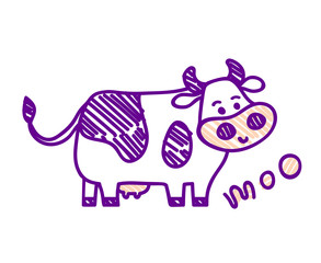 Vector illustration, line cartoon, sketched, doodled standing spotted cow. Hand drawn, isolated. With "MOO" lettering. Applicable for package, poster, label designs, banners, flyers etc.