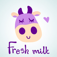 Vector illustration, flat cartoon violet cow face. Hand drawn, Isolated. With 
