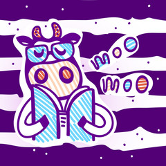 Obraz premium Vector illustration, line cartoon cow wearing glasses and reading book. Hand drawn, isolated. 