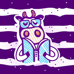 Vector illustration, line cartoon cow wearing glasses, reading book. Hand drawn, violet outline, isolated. "Fresh milk" lettering. Applicable for package, poster, label designs, banners, flyers etc.
