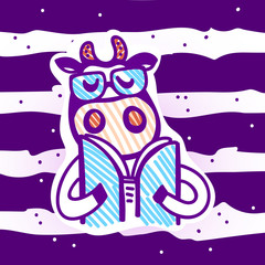 Vector illustration, line cartoon cow wearing glasses, reading book. Hand drawn, violet outline, isolated. 