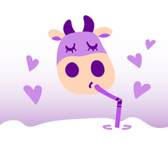 Vector illustration, flat cartoon cow drinking milk with straw. Hand drawn, in violet colors, with hearts. Applicable for package, poster, label designs, banners, flyers etc.