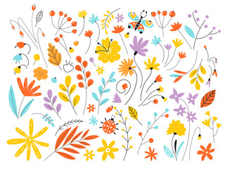 Fototapeta na wymiar Set of flowers and leaves in a flat style isolated on white background. Hand Drawn vintage floral elements. Floral vector set with flat doodle style abstract.