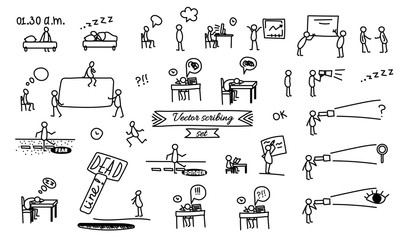 Vector illustration, business scribing doodle set. Man running, learning, sitting, having insomnia, searching, walking in danger, facing deadline, making deals. Line style.