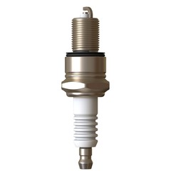 car spark plug used for ignition, Spark plug after use, isolate on white background, made form steel, ceramic, aluminum. 3D rendering of excellent quality in high resolution