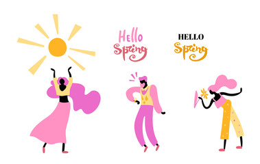 Vector illustration, trendy flat cartoon people set: man and women welcoming spring and sales, hand drawn lettering. In warm colors, including pink.
