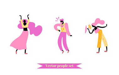 Vector illustration, trendy flat cartoon people set: man and women welcoming spring and sales, hand drawn lettering. In warm colors, including pink.