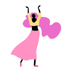 Vector illustration, trendy flat cartoon woman with pink long hair raising hands up.