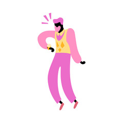 Vector illustration, trendy flat cartoon man with beard looking surprised on the wrist watch. In pink, yellow colors. Applicable as business time managament concept for posters, web banners etc.