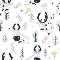 Seamless childish pattern with deers and moose. Forest Creative children texture for fabric, packaging, textile, wallpaper, clothing.
