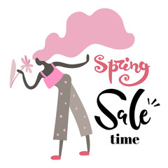 Vector illustration, trendy flat cartoon girl smelling flower. "Spring Sale time" lettering. Applicable as spring activities concept for posters, web banners etc.